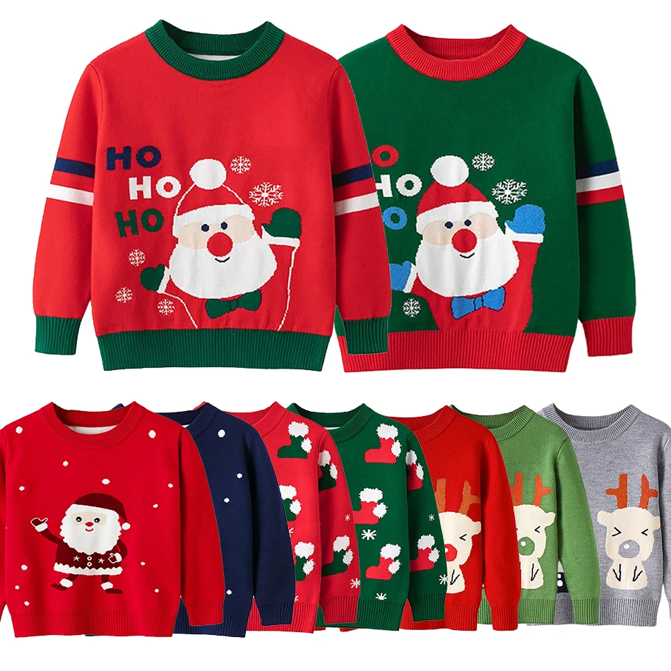 

Children Sweater Boy Girl Pullover Santa Claus Jumper Child Cozy Christmas Outfits Kids Xmas Sweatshirt Green Red Party Costume