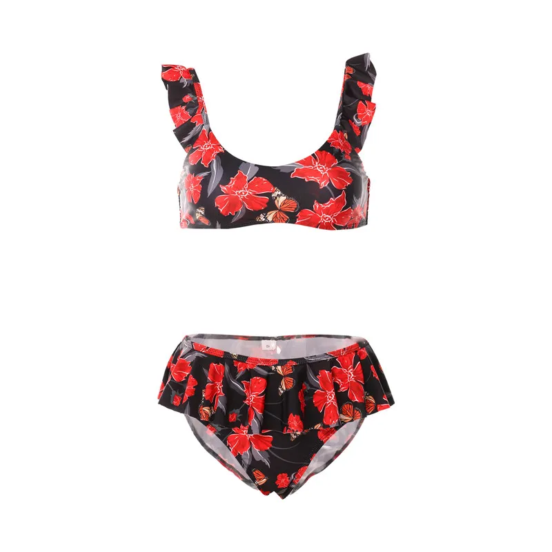 

New Women Swimsuit Flower Print High Waist Bikini 2021 Low Neckline Tank Tops Ruffle Triangle Bottom Bikini Set Swimwear