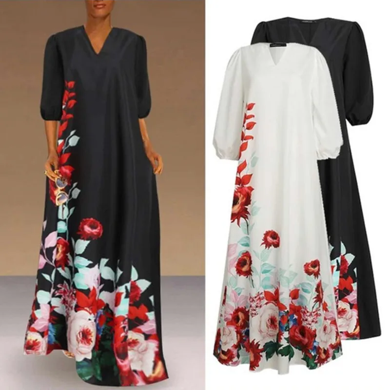 

Casual Plus Size Women's Dress 2021 New Bohemian V-Neck Puff Sleeve Maxi Dress Abaya Dubai Long Robe African Dresses For Women