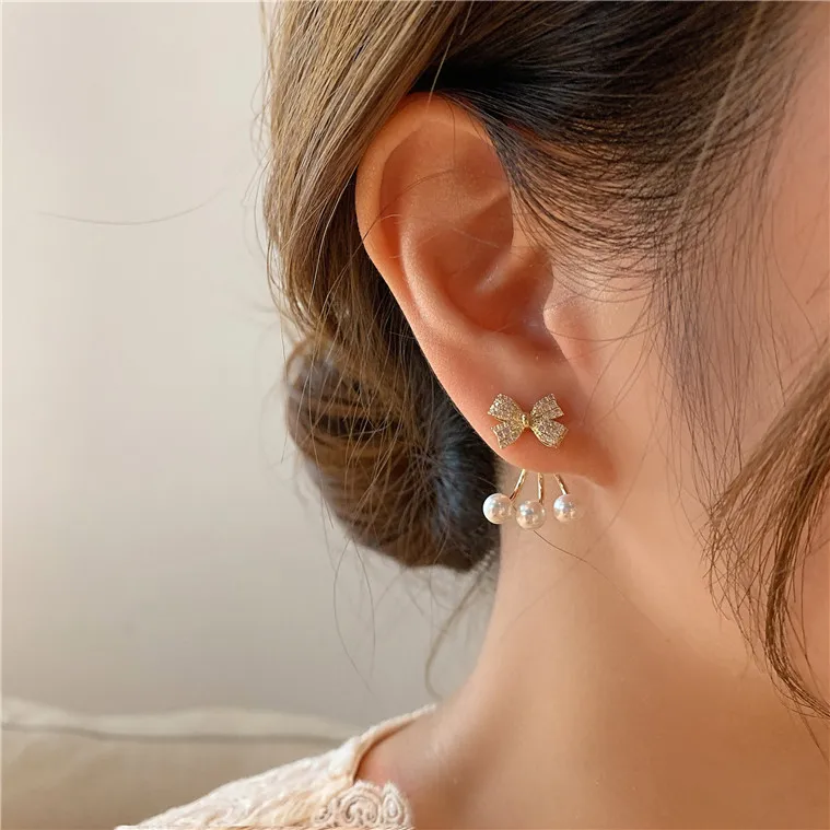 

E009 Stylish bow tie with Pearl Party Christmas Lady Earrings 925 Silver Pin