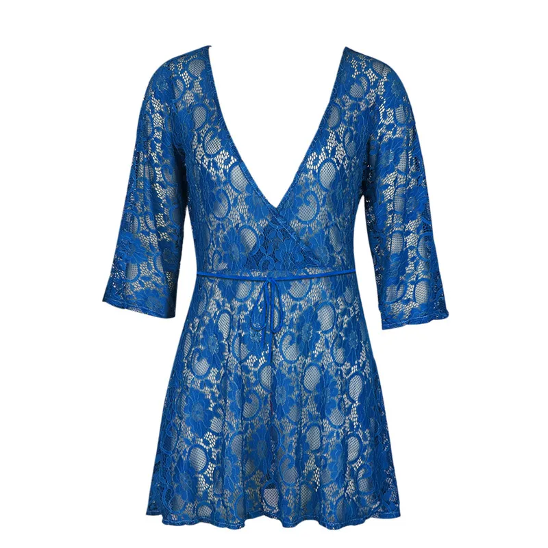 

Women Floral Embroidery Lace Bikini Cover Ups Half Sleeve Deep V-neck Sunscreen Shirt Solid Color Beach Dress With Waistband