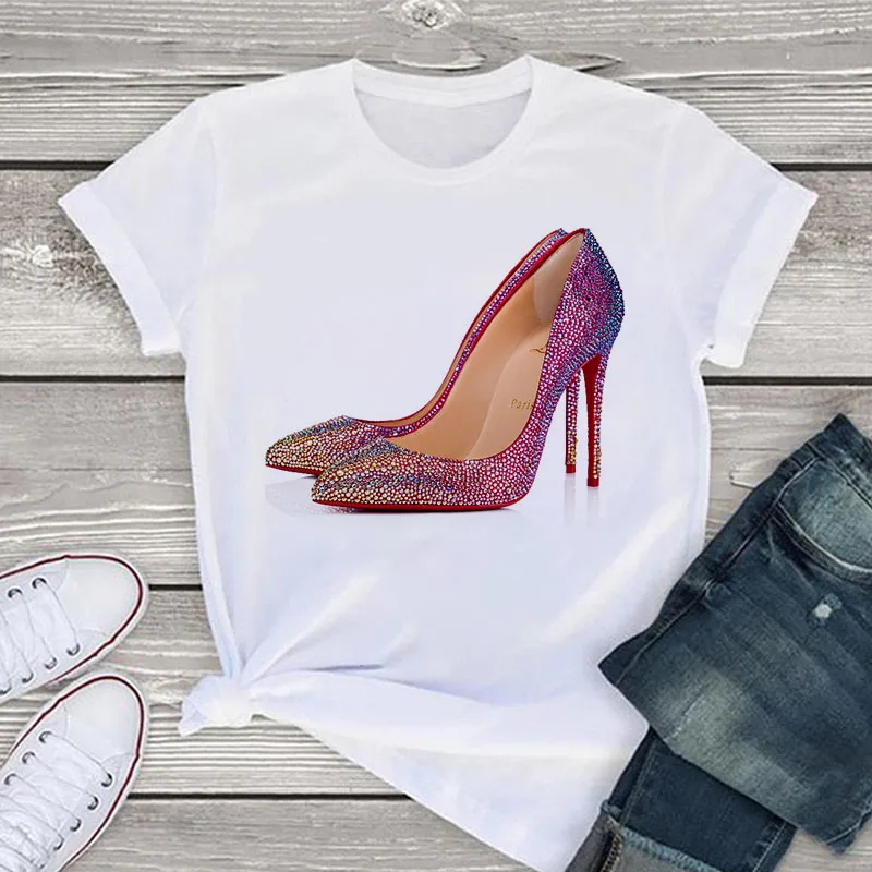 

Harajuku High-heeled Print Graphic Tshirt Tops Female Hot Sale New Street Style T-shirt Women Casual Short Sleeve O-neck T shirt