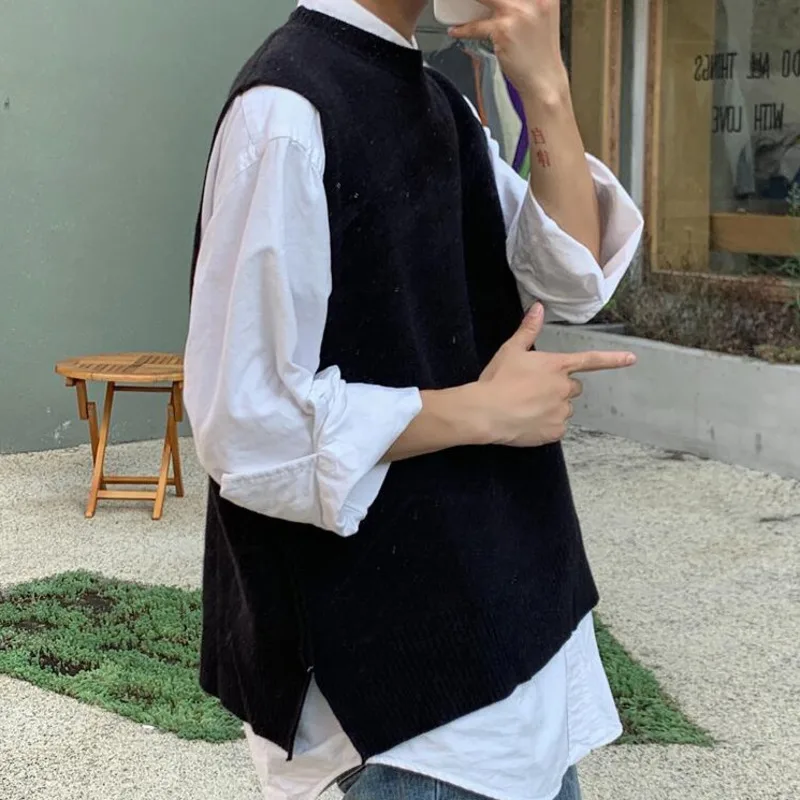 Осенний корейский свитер жилет мужской теплый модный однотонный вязаный пуловер