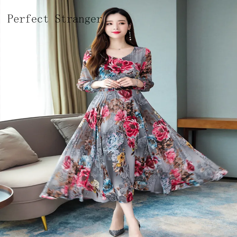 

High Quality 2021 Autumn New Arrival Plus Size M-3XL V Collar Flower Printed Long Sleeve Woman Chiffon Long Dress