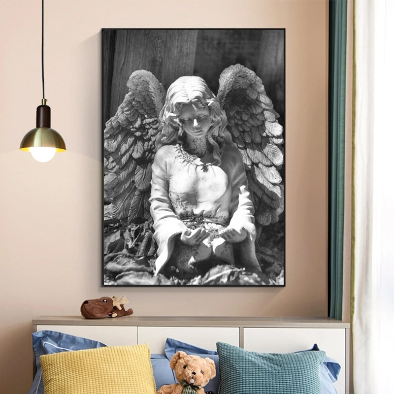 

Canvas Painting Black and White Angel Statue Wall Art Posters and Prints Angel Wings Sculpture Picture on Wall for Living Room