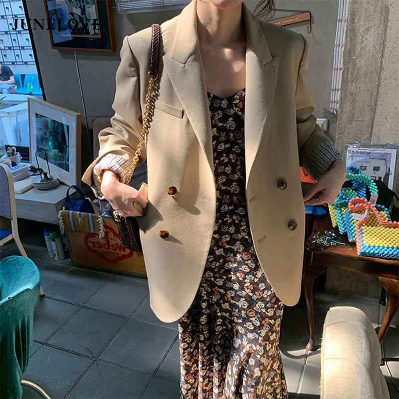 

2021 Casual Office Lady Chic Jackets Women Spring Loose Blazers Vintage Business Korean Fashion Double Breasted Blazers