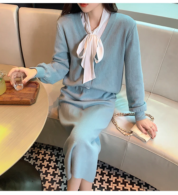 Женский костюм из двух предметов вязаный кардиган с бантом и V-образным вырезом