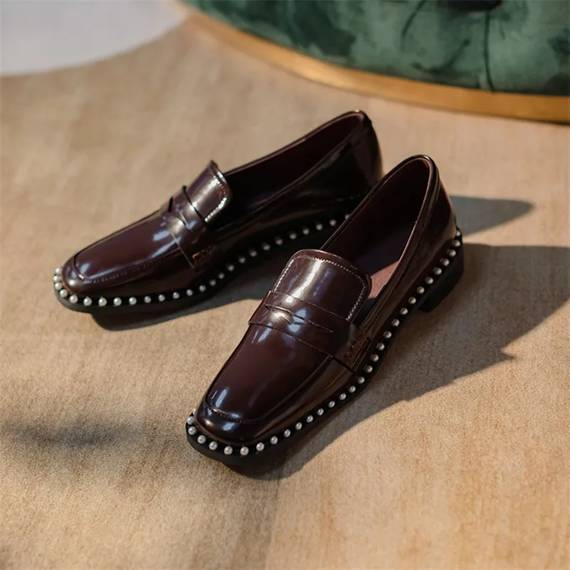 

Meotina Genuine Leather Loafers Shoes Women Med Heels Pearl Thick Heel Shoes Square Toe Pumps Female Footwear Brown Big Size 43