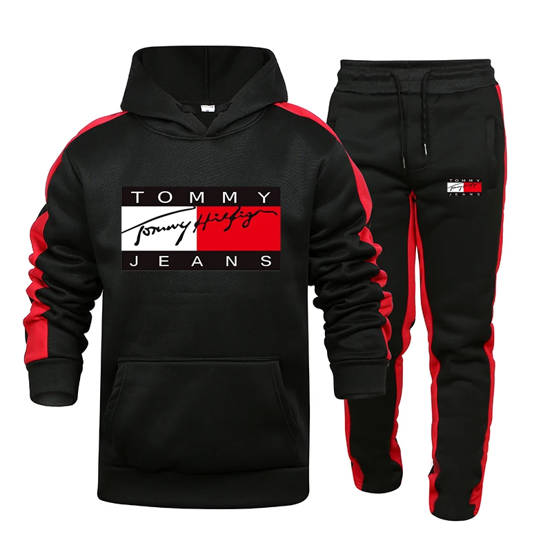 

2021 Men's Solid Color Striped Suit Men's Printed Hoodie And Casual Trousers Two-Piece Men's Jogging Tracksuit Set