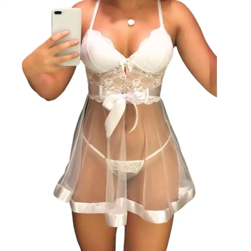 

Женская летняя ночная рубашка, прозрачная сетчатая Комбинированная юбка на бретелях-спагетти, стринги, нижнее белье, костюм для девочек, бе...