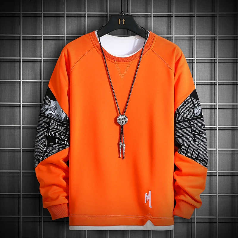 

Patchwork Print Sweatshirts Men 2021 New Harajuku Hoodies with Printed Sleeve Mens Hip Hop Sweatshirt Streetwear Fashion Tops