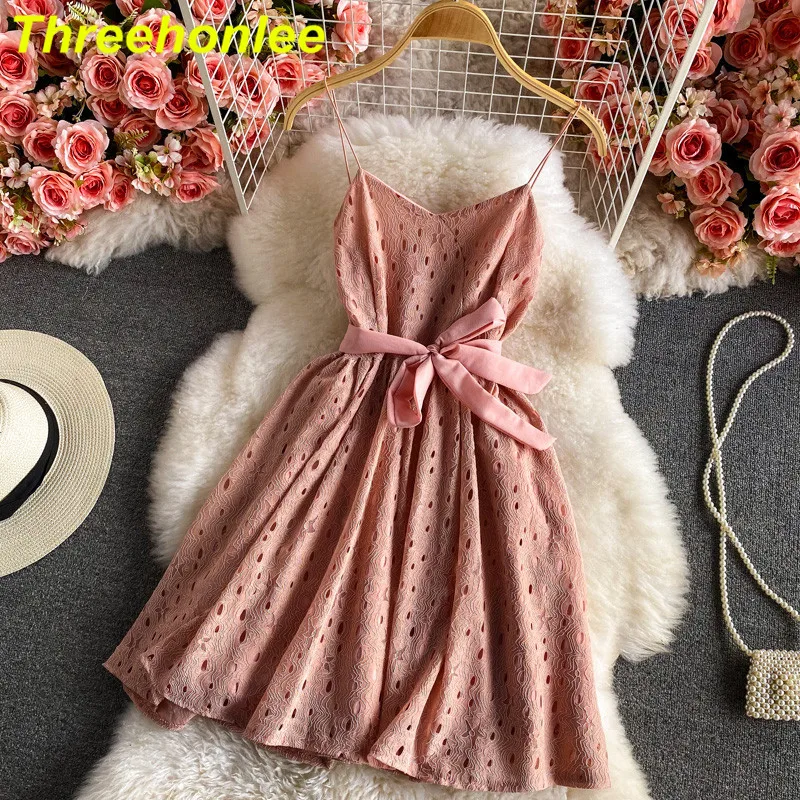 

Sexy Party Dress Women 2021 Summer Women Korean Commuter Retro Solid Color V-neck Hollow Tie Short Dress New Waist Female Dress