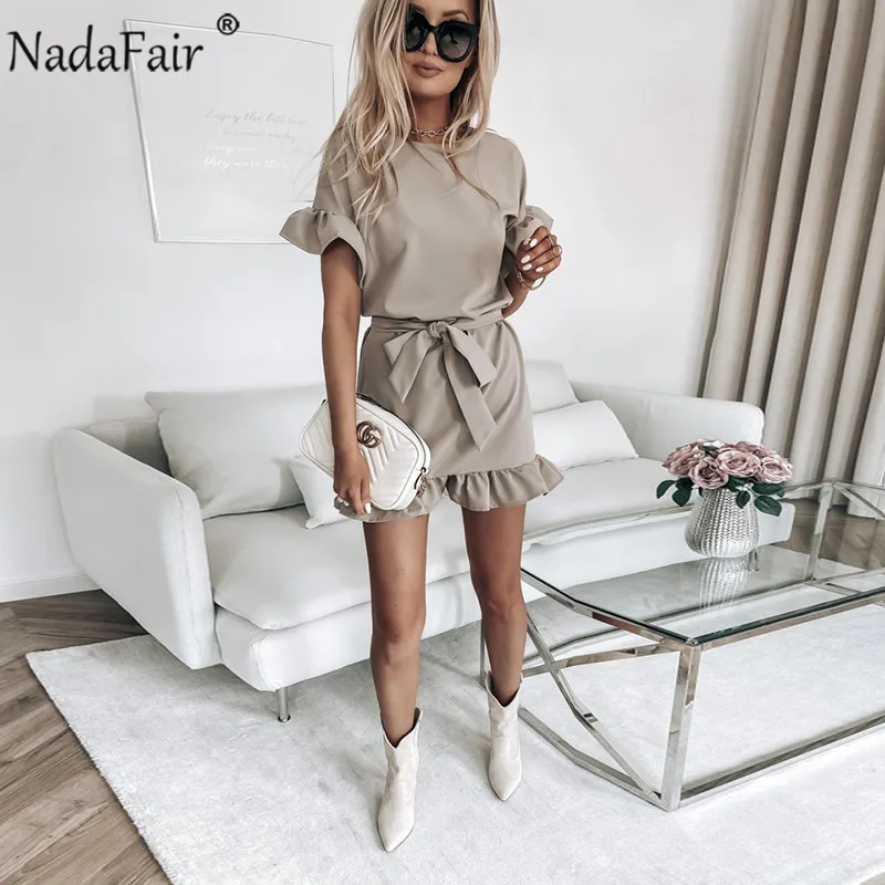 Nadafair Casual Short Sleeve Ruffle Dress Women White Khaki Mini Elegant Sash Tunic Purple Party Summer Dresses | Женская одежда