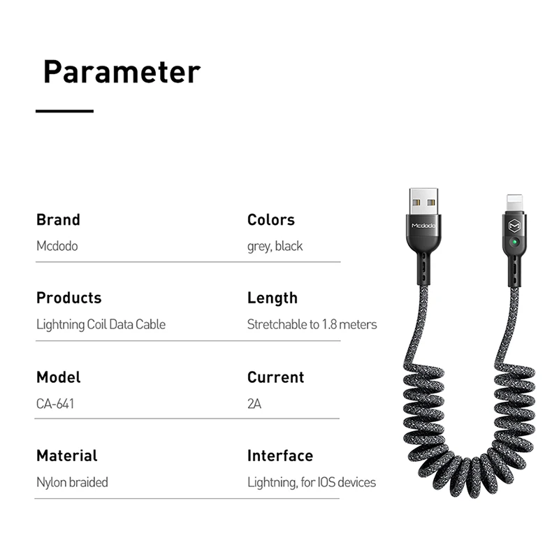 mcdodo usb cable spring extension landline charger cord for iphone 13 12 11 pro xs max xr x 8 fast charge pd phone led data wire free global shipping