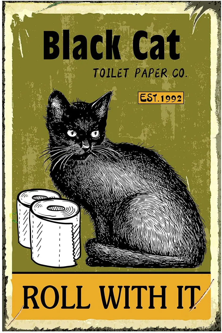 

Paper Cat Sign for Bathroom Wall Decor,Funny Black Cat Roll with It Decorative Sign,Vintage Retro Poster Paintings Cute Bathroom