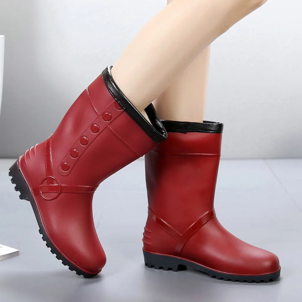 Теплые бархатные сапоги до середины икры для женщин Нескользящие дождевые