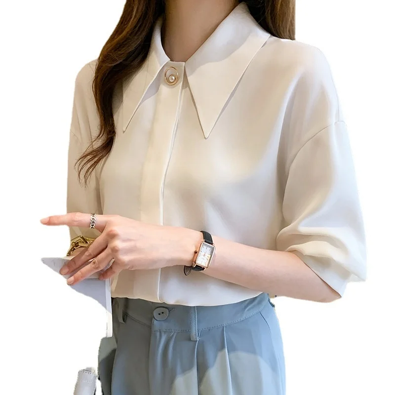 

Chiffon Shirt Short-sleeved 2021 Summer New Temperament Casual Fashion All-match Thin Shirt Top Wn*