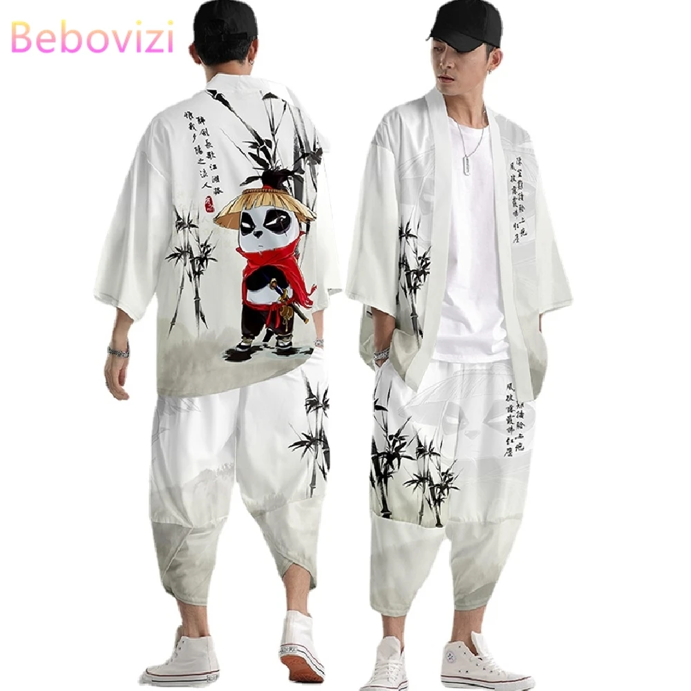 

2021 Panda Print Chinese Style Robe Sets Fashion Japanese Kimono Beach Harajuku Men Women Cardigan Haori Asian Clothes Pant Suit