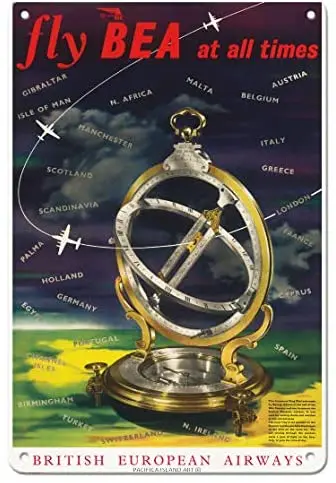 

Fly BEA at All Times - British European Airways - Universal Ring Dial - World Route Map Airline c.1965 Metal Tin Sign