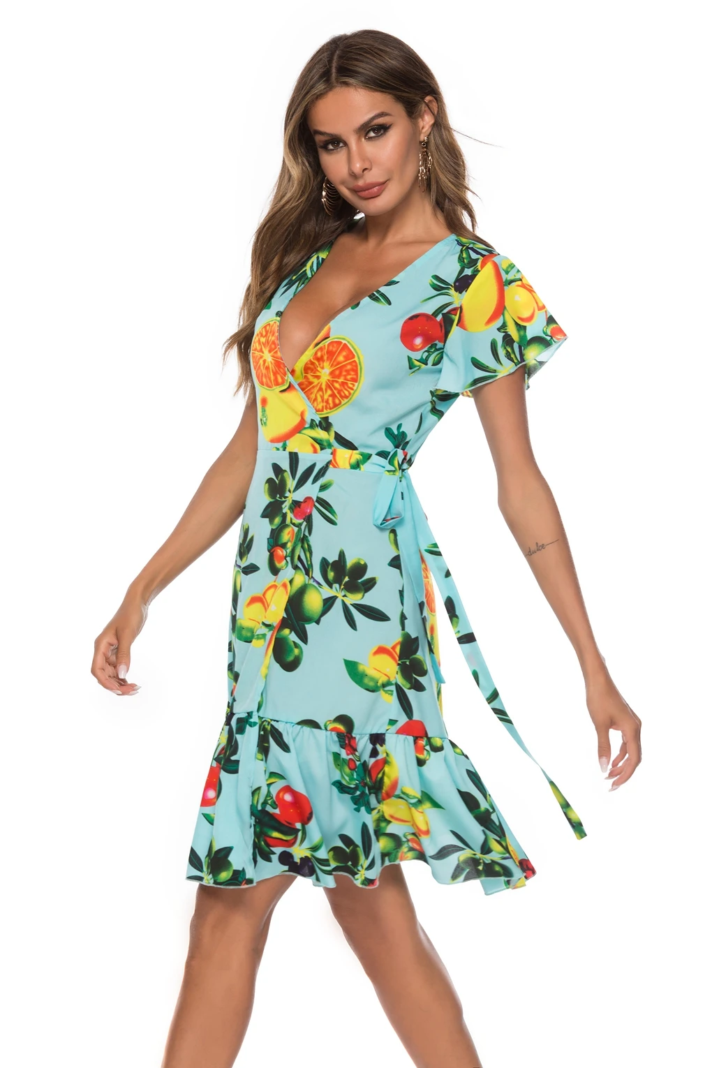 Женское пляжное платье с принтом глубоким V образным вырезом и коротким