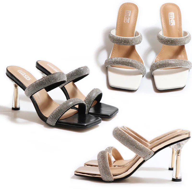 

2022 Women 8.5cm High Heels Mules Slides Female Stable Champagne Heels Slippers Summer Crystal Glitter Platform Fetish Shoes