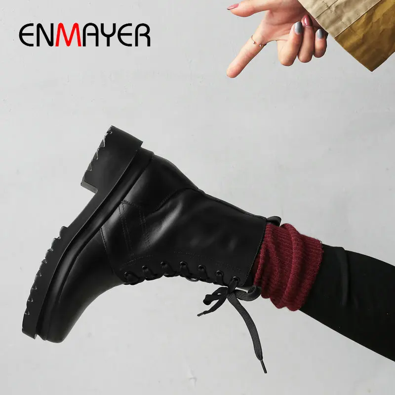 Женские кожаные ботинки на платформе ENMAYER черные из натуральной кожи шнуровке