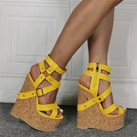 fashion yellow leather super wedge platform sandals peep toe belt fasten buckle woman wedged heel shoes gladitor women sandalias