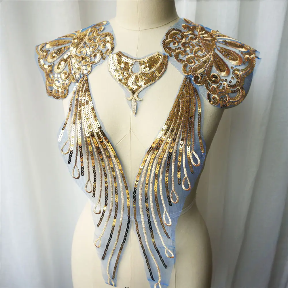 1 комплект золотые блестки кружевная ткань благородное платье Аппликации синяя