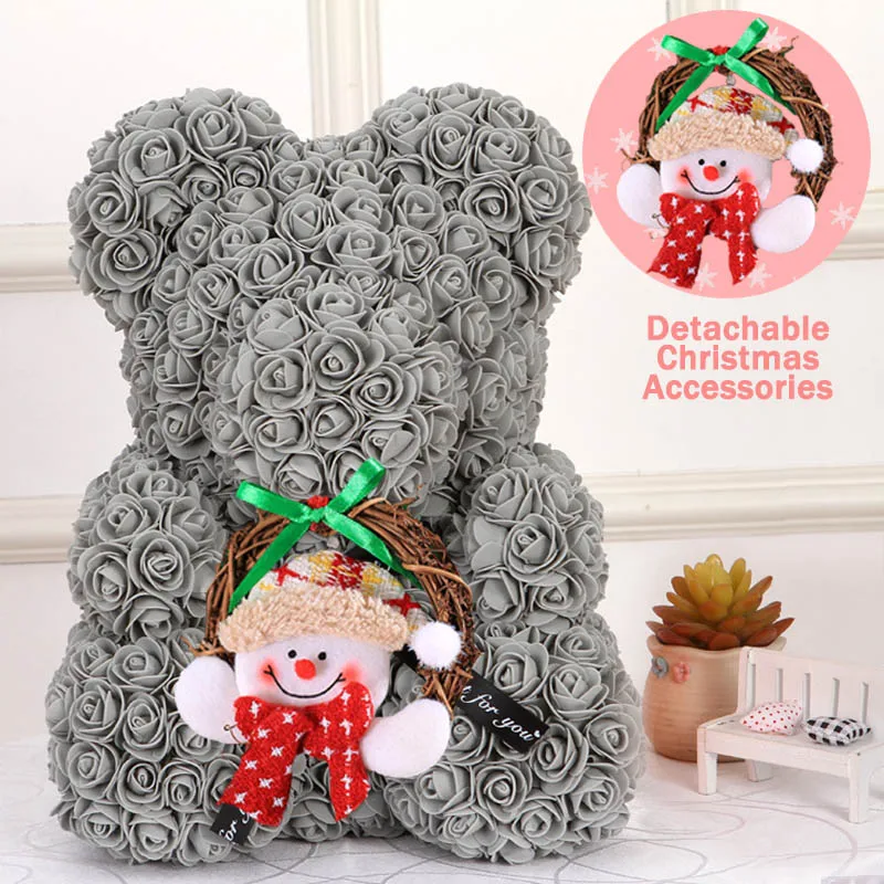 Gray 40cm Christmas Gift 40cm Red Bear Rose Artificial Soap Roses Teddi Bear Eternal Flower Valentine Garland Gift Girl Friend Snowman - Цвет: Gray 40cm