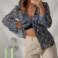 female shirt irregular pattern print turn down collar long sleeve blouse single breasted tops for summer fall gray