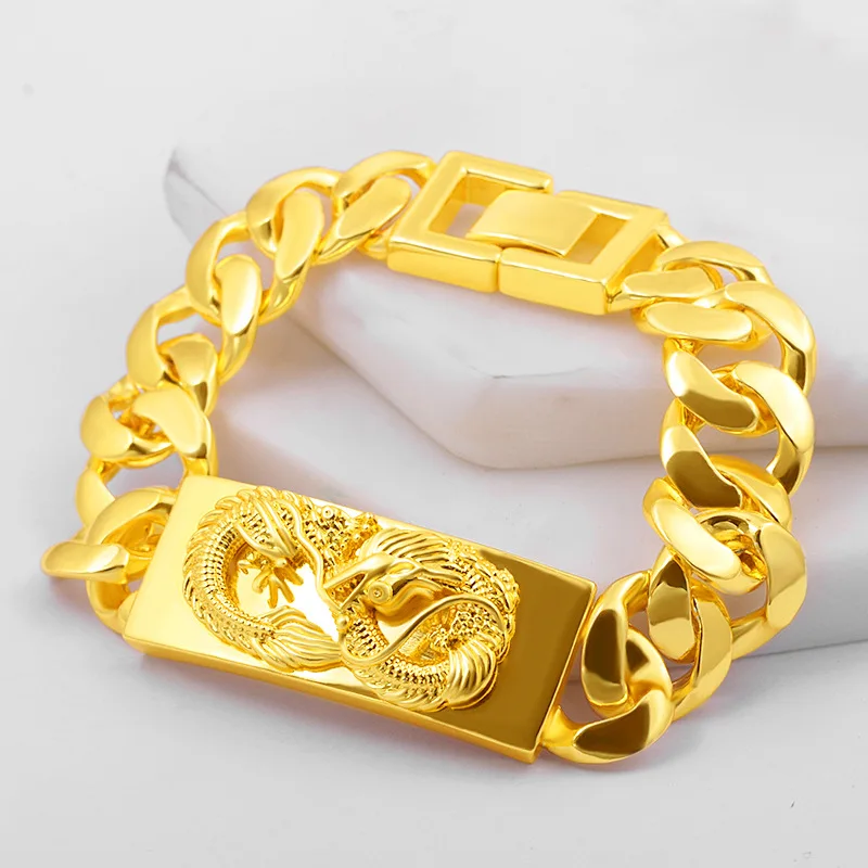 

Mens Jewelry Hip Hop Style Solid Dragon Patterned 18K Gold Mens Bracelet Wrist Chain Link 7.9 Inches Fashion Present