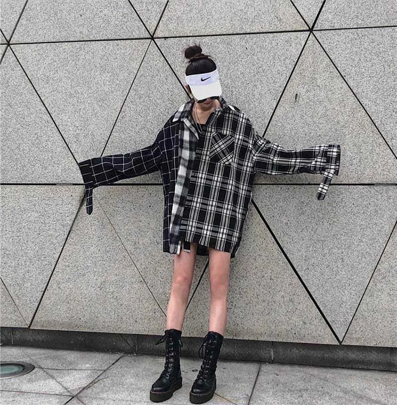 NiceMix Harajuku женские рубашки с длинными рукавами в клетку в стиле пэчворк BF женские блузки с отложным воротником в Корейском стиле Mujer блузка
