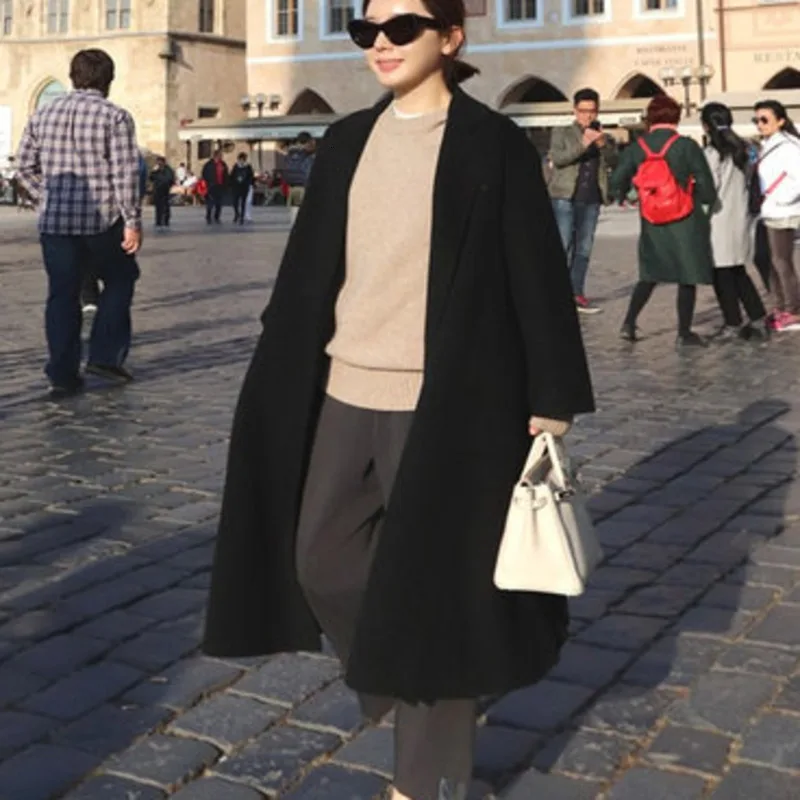 LANMREM 2019 Autumn And Winter New Fashion Black Lapels In The Long Section Of Loose Warm Woolen Coat Women PB749 |