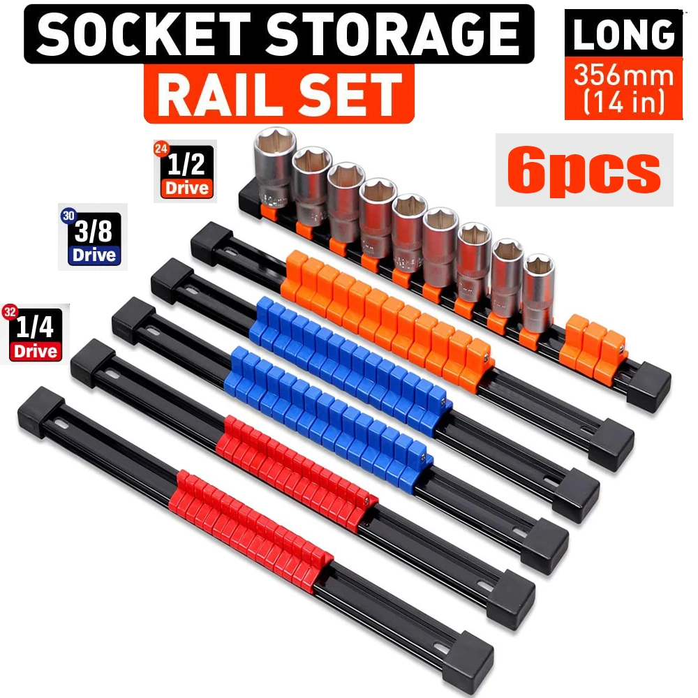 

Socket Organizer Set 6PC Socket Storage Rail Rack Set 1/4 3/8 1/2 Drive Socket Clip Rail Racks Premium Quality Socket Holders