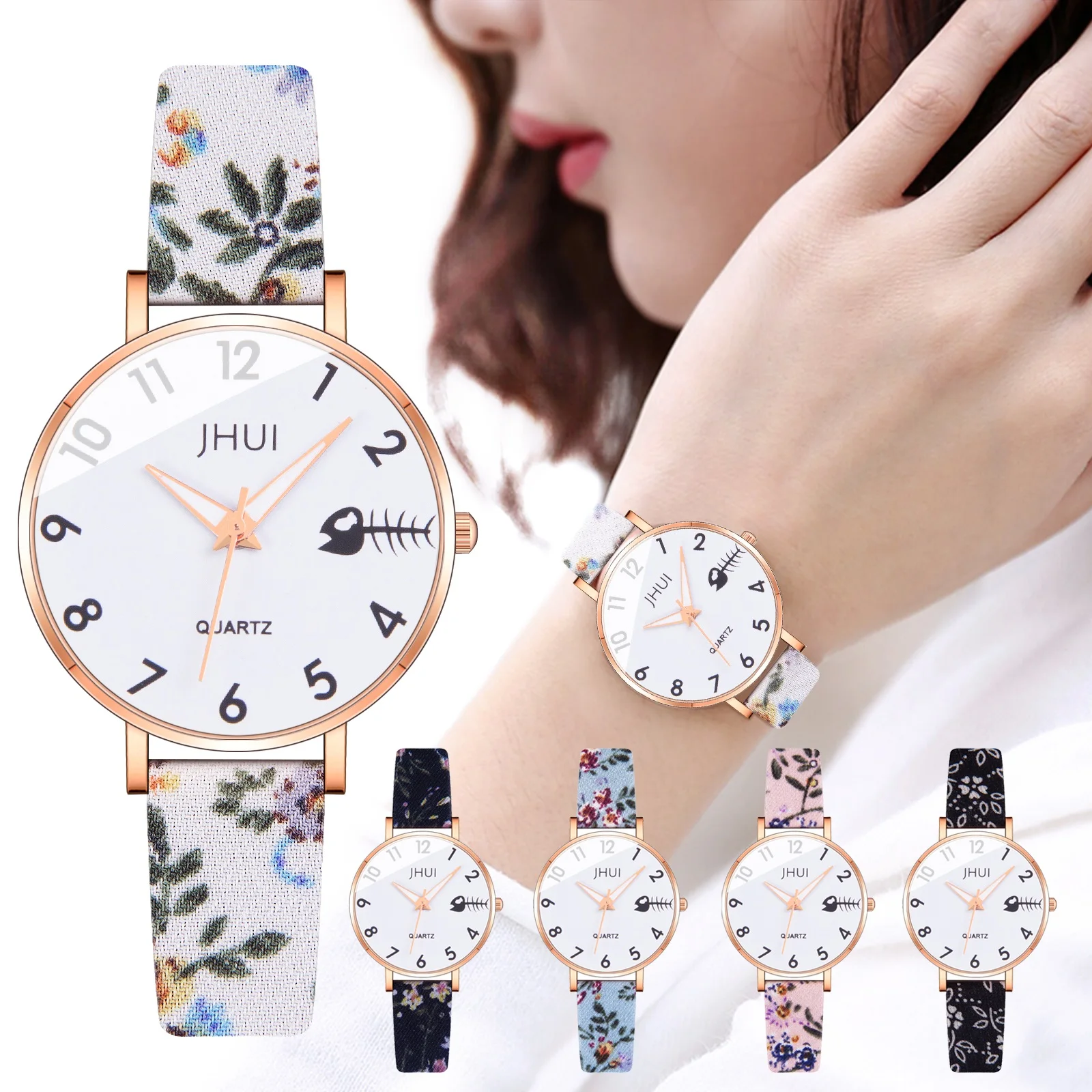 

Hot Selling Ladies Watch Flower Printing Stainless Steel Casual Wrist Crystal Jewelry Leather Strap Matching Ladies Quartz Watch