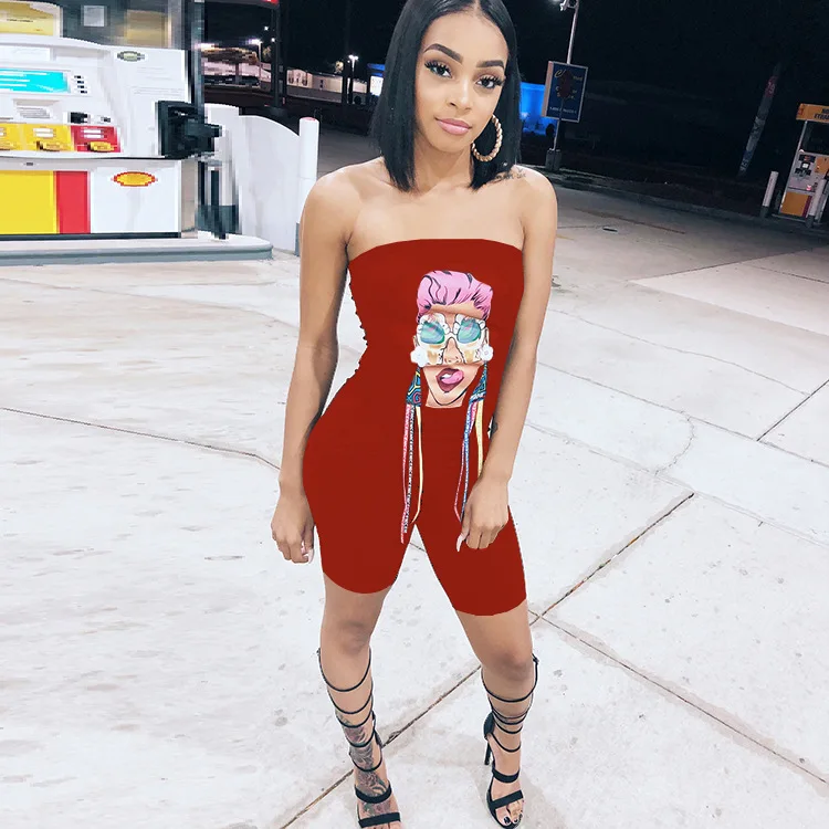 

Women Strapless Tassel Design Printed Bodycon Romper