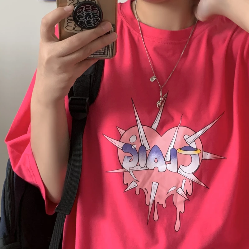 

Harajuku Prickly Heart Printing Top T-shirt Ladies Street Gothic Pullover Ladies Clothing Oversized Shirt Printed Top Women Men
