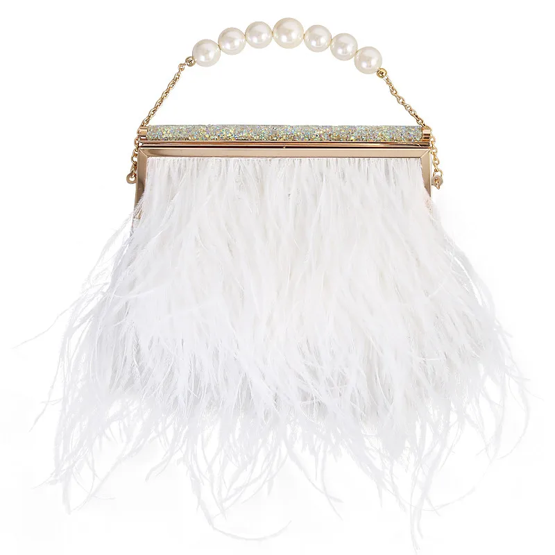 

TOYOOSKY Luxury Ostrich Feathers Handbag Evening Bags Women's Pouch Purse Red Diamond Clutch Party Messenger Bag For Ladies