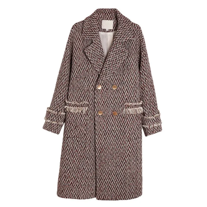 

Korean Thick Warm Womens Long Sleeve Plaid Tassel Tweed Outerwear Coats Double Breasted Lapel Female Medium Length Woolen Coats