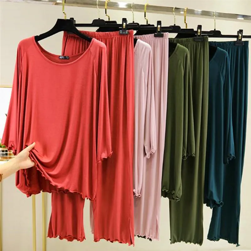 

Футболка с рукавом 3/4 + брюки, костюм из двух предметов, Женская осенне-зимняя одежда для сна, Женский пижамный комплект, свободная Хлопковая ...