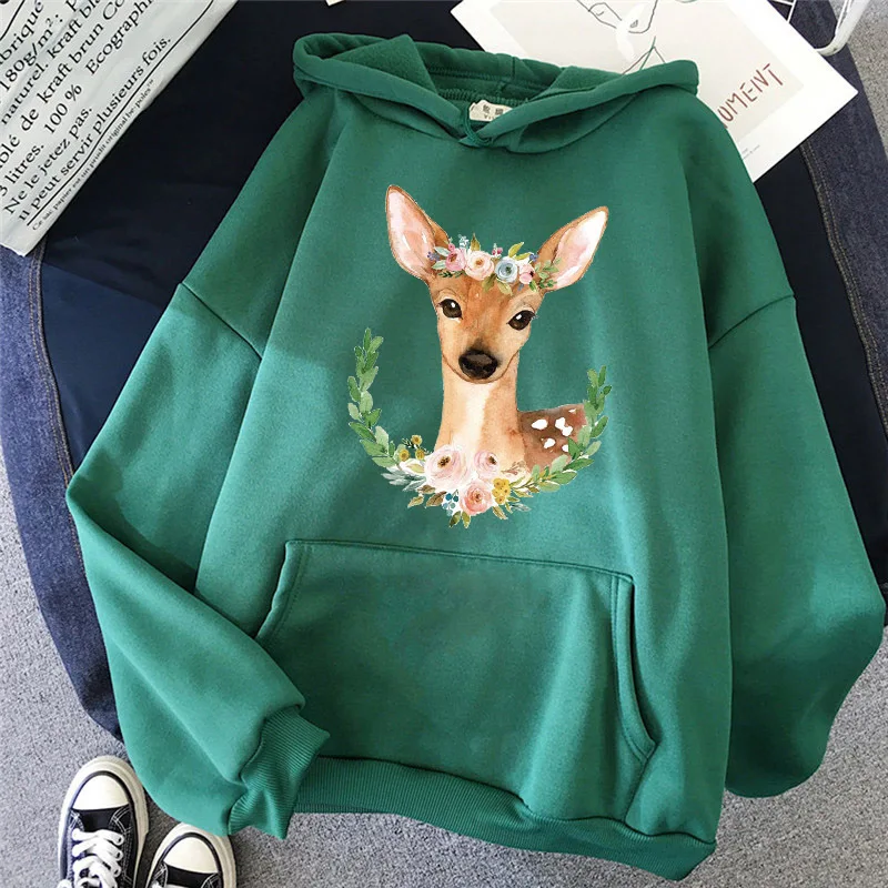 

2021 Women's Hoodie Fashion Cartoon Deer Flower Pattern Autumn 90s Hooded Streetwear Warm Long-sleeved Ladies Oversized Pullover