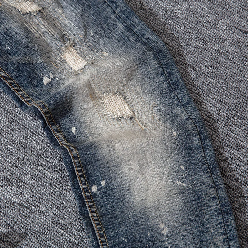 Newly Street Fashion Men Jeans Retro Blue Elastic Slim Ripped Jeans Men Distressed Vintage Designer Splashed Denim Plain Pants