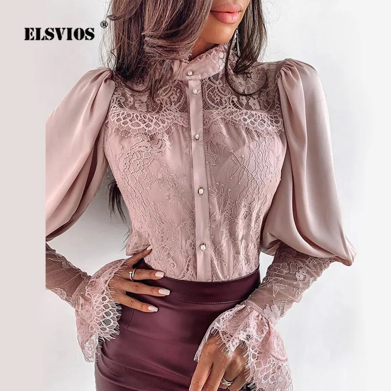 Женская шифоновая блузка с кружевом и расклешенными рукавами на