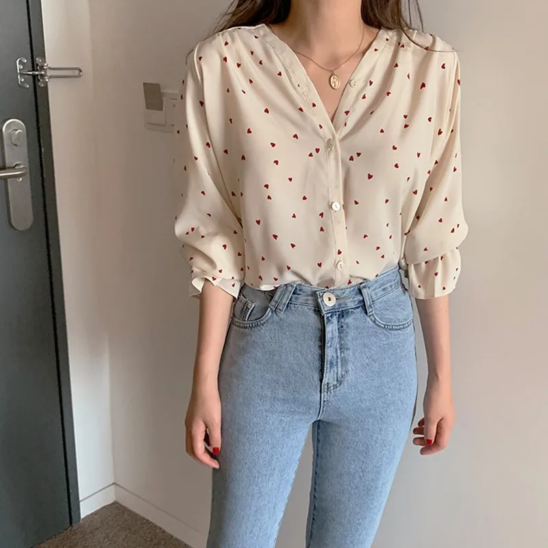 

Fashion V Neck Blouses Spring Summer Petal Sleeve Shirts Women Sweet Love Print Loose Blouses