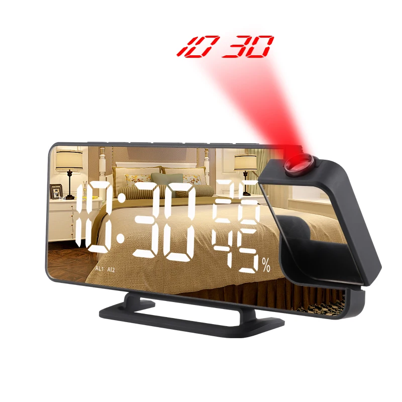 

Alarm Clock Digital Table FM Radio Dual LED Projection Clock Wake Up Mirror Temperature Humidity Meter Bedside Snooze Clocks