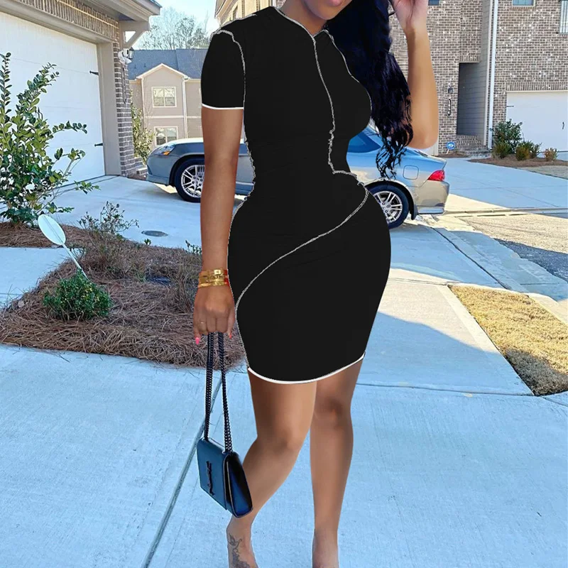 

2021 New Fashion Sexy Women Bodycon Mini Dress Short Sleeve Patchwork Skinny Dress Streetwear