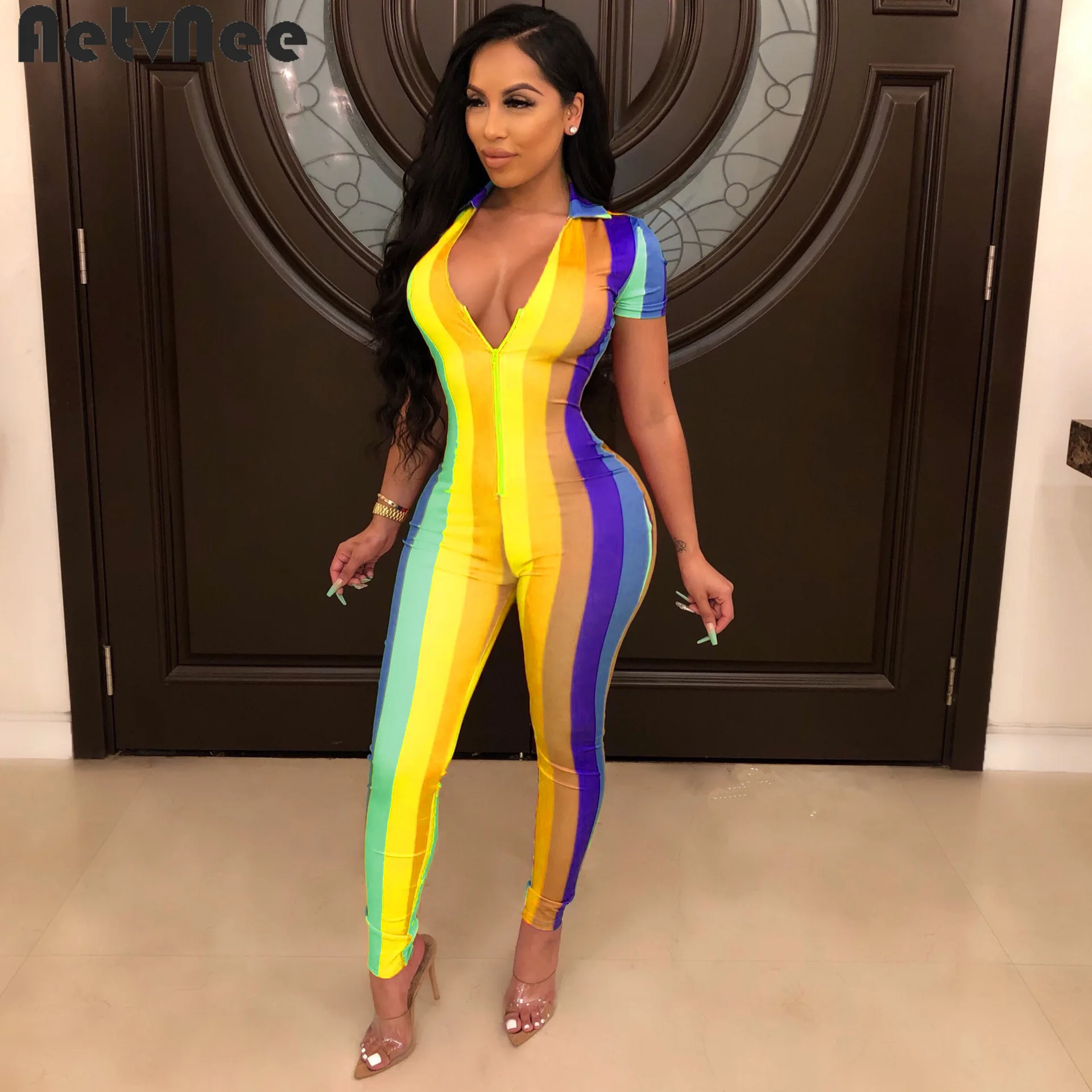 

Женский Облегающий комбинезон AetvNee с коротким рукавом, осень 2021, сексуальные комбинезоны на молнии с V-образным вырезом, женские праздничные...