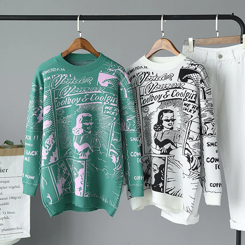 Woherb винтажный пуловер свитер Женский вязаный Топ с мультяшным принтом букв новая