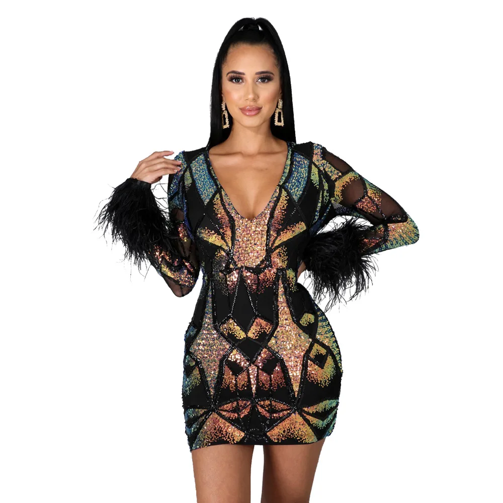 

2021 Autumn And Winter Sexy Colorful Sequins Deep V Dress Party Dance Nightclub Color Shiny Perspective Tight Dress With Feathe
