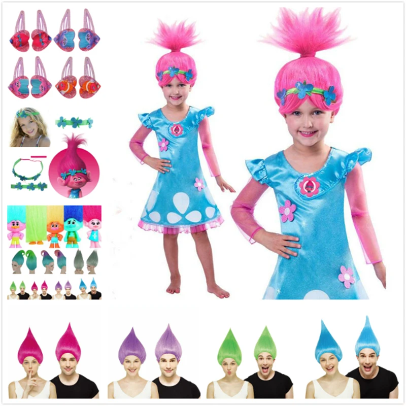 Тролли платья для девушек заколки волос Popy Дети парик косплей костюмы Holloween